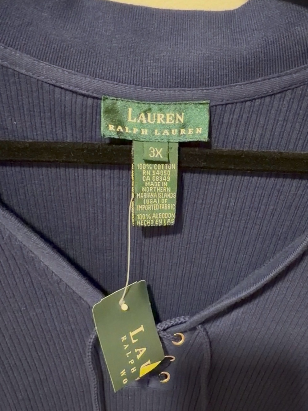 Ralph Lauren Navy Ribbed Lace-Up Long Sleeve Top 3XL - Picture 3 of 4